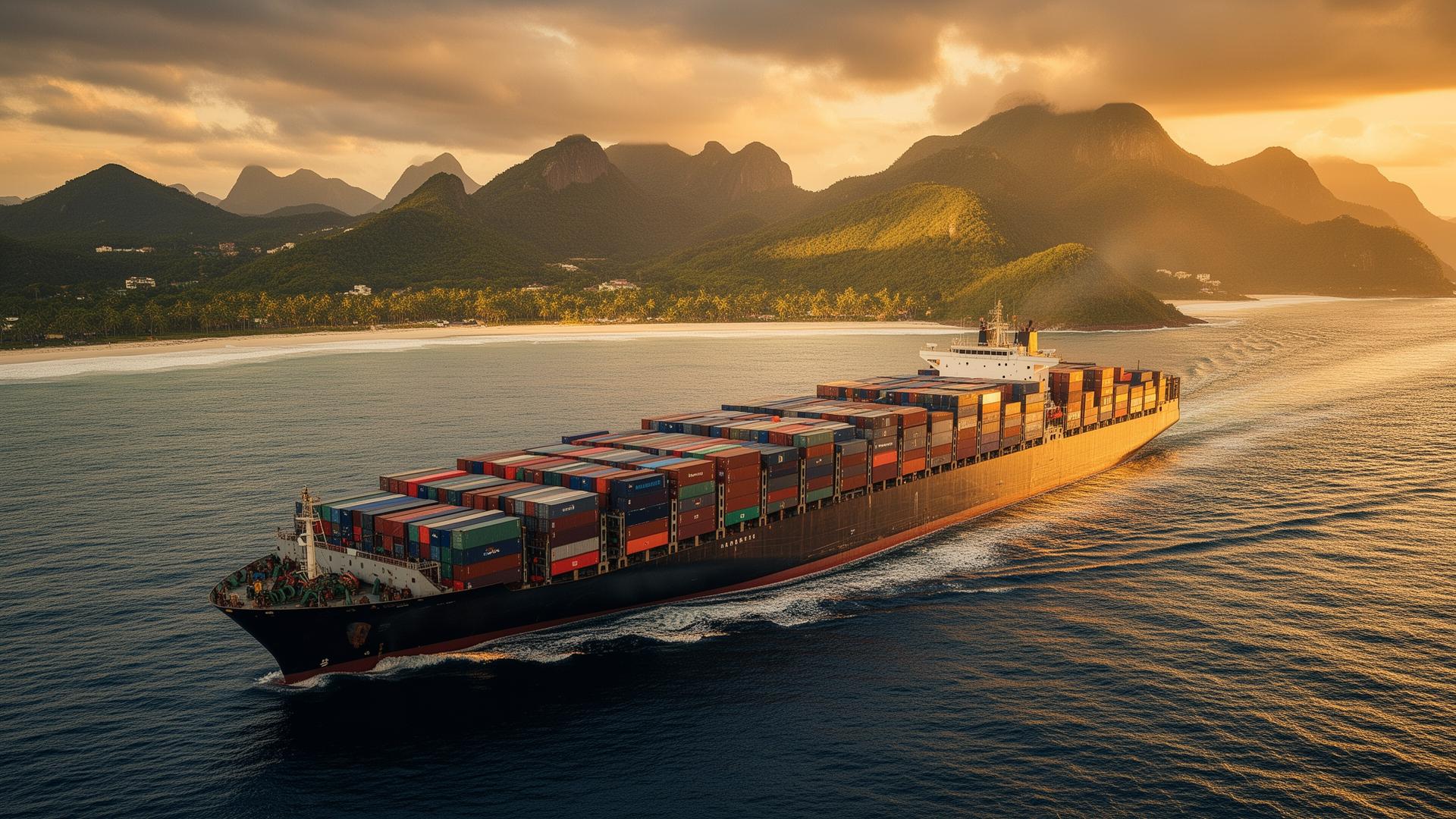 Cargueiro com containers exportando da costa brasileira